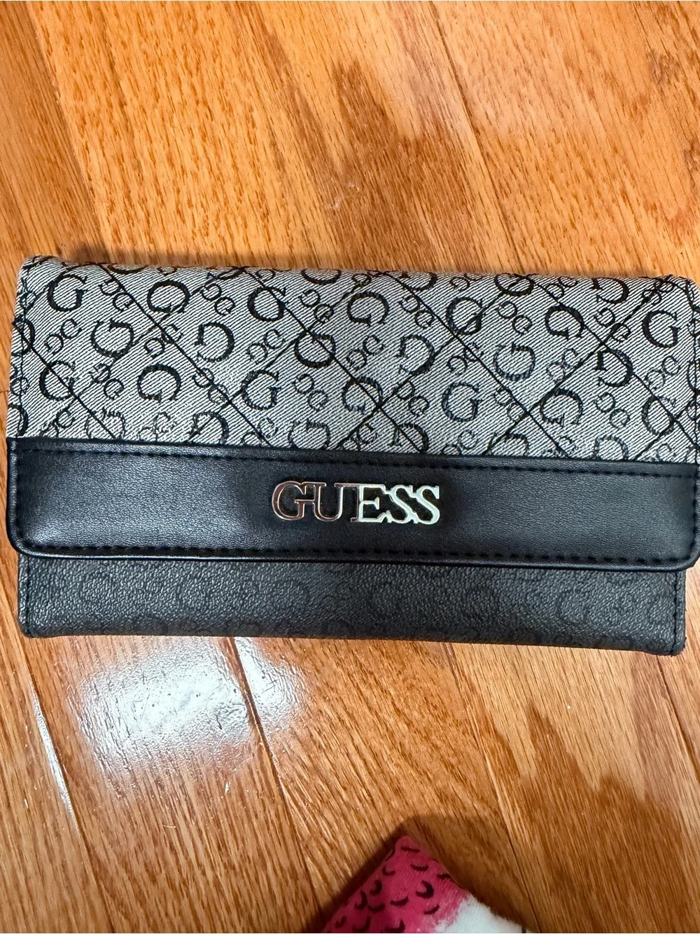 GUESS Gray Monogram and Black Trim Fold Wallet